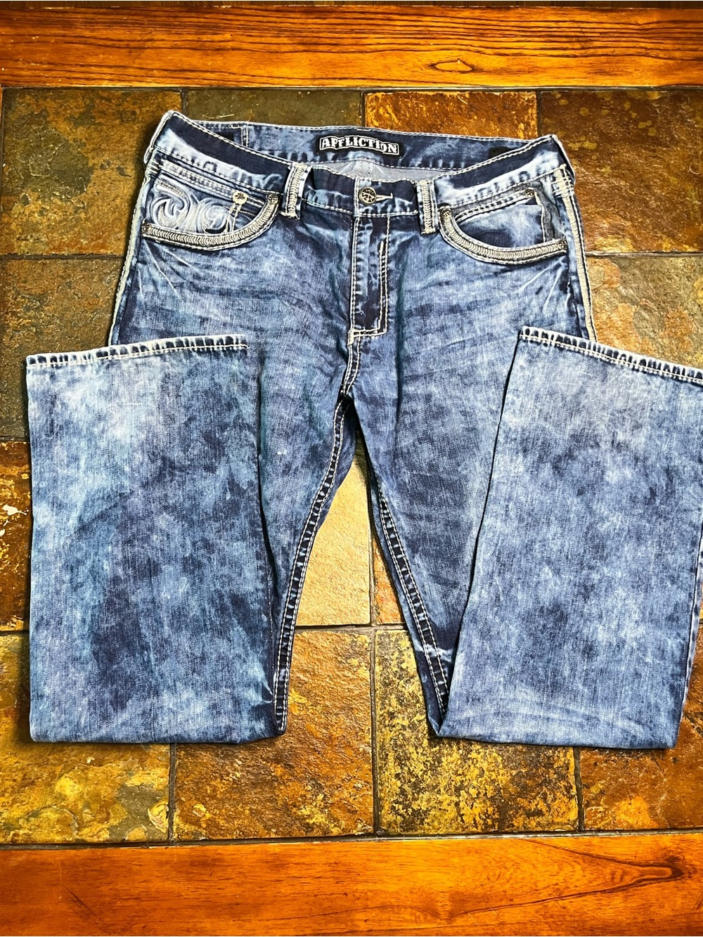 Affliction Men's Cooper Relaxed Straight Thick Stitch Acid Wash Jeans Size 36
